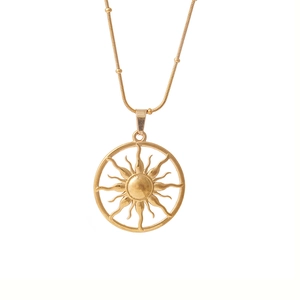 Polished 18K gold plated stainless steel necklace featuring a hollow sun pendant on a bead chain