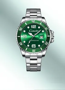 Macro shot of green sunray dial featuring date window and rotating diver bezel
