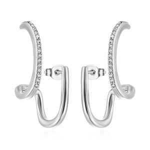 Modern twisted silver stainless steel earrings with sparkling zircon stones inlay