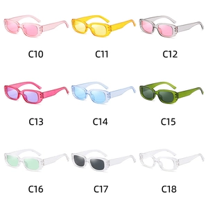 Detailed grid display of retro rectangular sunglasses in nine vibrant assorted colors