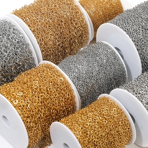 Detail of 304 stainless steel O-chains in gold and silver finishes on white spools