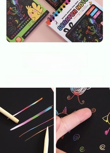 Detailed view of 10-sheet scratch art set with rainbow paper and wooden stylus tool