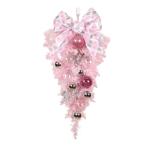 Pink Christmas teardrop swag with bows and ornaments for festive front door decoration