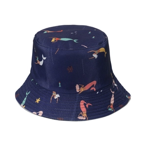 Detailed close-up of dark blue bucket hat with colorful mermaid cartoon prints