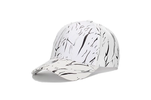 Detailed view of white baseball cap featuring modern black marble pattern and six-panel design