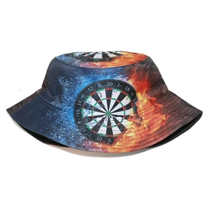 Unisex bucket hat featuring fire and water background with a dartboard print design