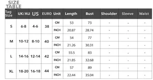 Detailed size chart for strapless evening dress with UK US and EURO measurements