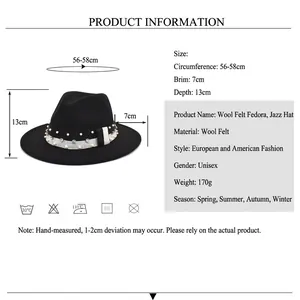 Black wool felt fedora jazz hat with pearl rhinestone band and size chart specifications