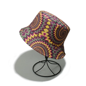 Detail of a colorful bucket hat with psychedelic geometric radial print on a display stand