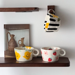 Hand-painted Ceramic Mug Irregular Shape Cute Cartoon Strawberry Tiger Fruit Pattern Heat Resistant Breakfast Coffee Cup