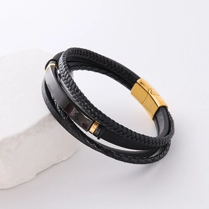 Men's multi-layer black braided leather bracelet with golden magnetic clasp