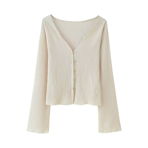 Women beige V-neck long sleeve cardigan with textured fabric and gold buttons