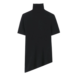 Women's asymmetric high neck short sleeve T-shirt in black with irregular hem design