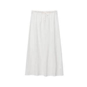 Minimalist white linen midi skirt featuring an elastic drawstring waist and A-line silhouette