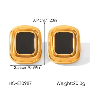 Detail view of gold rectangle earrings with black square center and size measurements