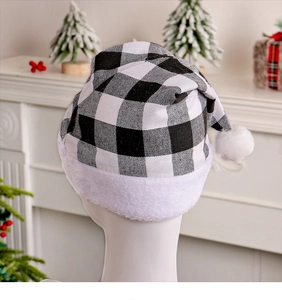 Detailed view of black and white plaid Christmas hat with plush trim on a mannequin