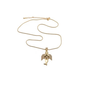 Close-up of gold plated angel wing pendant with detailed zircon inlay on white backdrop