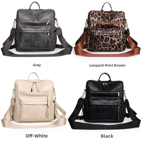 Collage von vier großen Vintage-Rucksäcken in Grau, Leopard, Creme und Schwarz