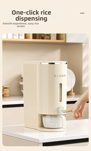 Close-up of cream food-grade rice container with push-button and transparent drawer