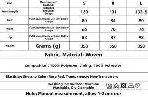 Size chart for rose red embroidered mesh dress with measurements for S, M, and L sizes