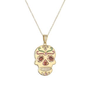 Hip hop 18K gold plated necklace featuring a colorful zircon encrusted skull pendant