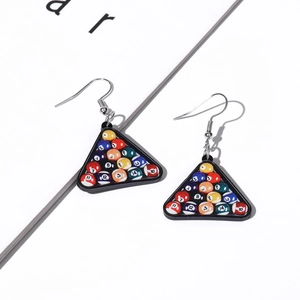 Creative mini billiard ball earrings with numbered pool balls in a triangle frame