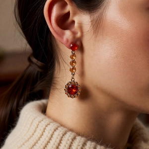 Gros plan de boucles d'oreilles vintage avec pierres rouges et cristaux d'ambre en bronze