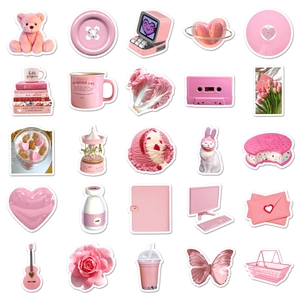 Detailed grid of 25 pink aesthetic DIY stickers featuring cute cartoons and retro motifs