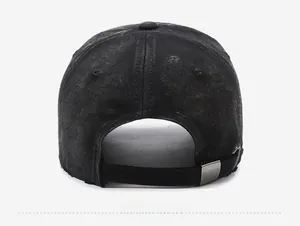 Rear view of vintage black washed denim baseball cap with adjustable metal buckle strap