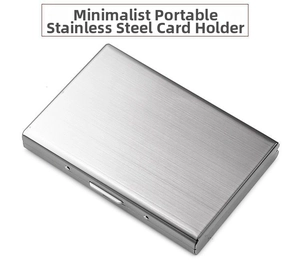 Detailed close-up of slim silver stainless steel card holder with brushed metal finish