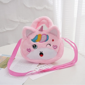 Pink plush unicorn shoulder bag with rainbow mane and glitter horn for girls