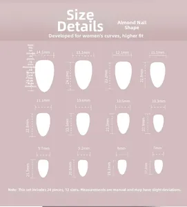 Size chart for white almond press-on nails including 24 pieces in 12 ergonomic sizes