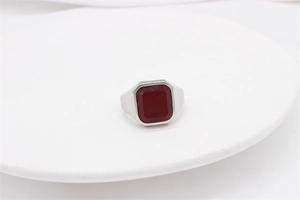 Macro view of a silver titanium steel ring featuring a rectangular red gemstone inlay