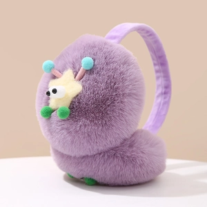 Detail of purple plush earmuffs with a cute star character for winter cold protection