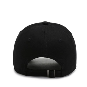 Black camouflage baseball cap featuring adjustable silver metal buckle and premium twill cotton