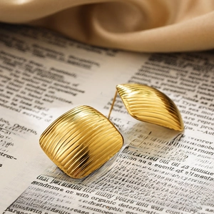 Elegant 18K gold plated stainless steel square earrings with geometric stripes texture