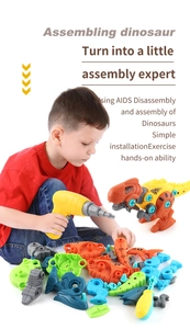 Kid using electric drill to assemble orange and yellow dinosaur building blocks toy set