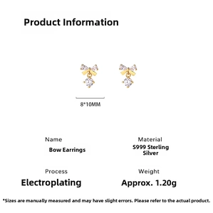 Detailed technical diagram of silver bow earrings with zircon stones and measurements