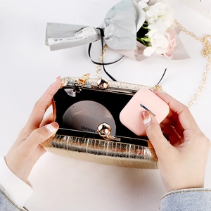 Luxurious gold pleated evening clutch bag with metal frame and top beads clasp for women