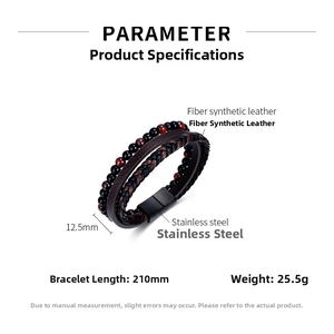 Detail of men's multi-layer bracelet with red tiger eye beads and black magnetic steel clasp