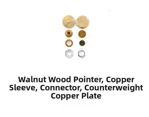 Detailed set of walnut clock hands hardware including copper sleeves and weight connectors
