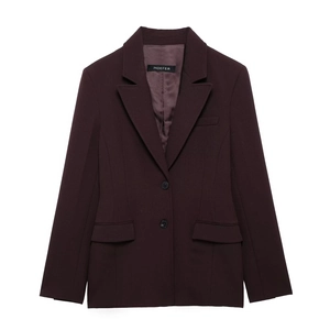 Deep burgundy double-breasted blazer for women with refined texture and slim fit design