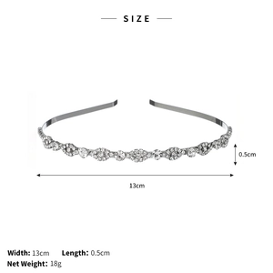 Size specifications of silver rhinestone headband showing 13cm width and 0.5cm height