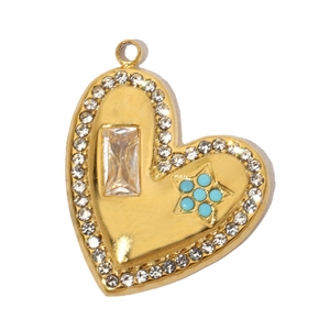 Detail of heart pendant with rectangular zircon, blue stars and gold plating