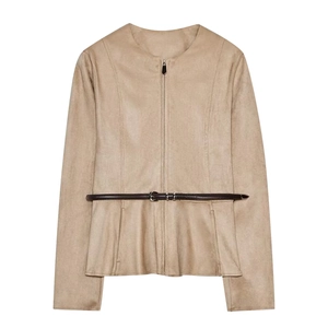 Women's beige faux suede short jacket with zip closure and slim dark brown belt
