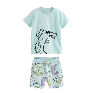 Boys summer cotton t-shirt and shorts set with blue dinosaur pattern and COOL print