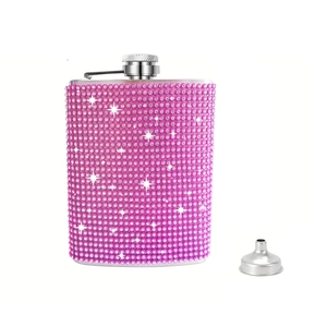 Pink rhinestone encrusted 6/8oz stainless steel hip flask with silver funnel set