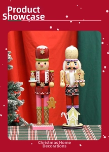 Detail of gingerbread-themed wooden nutcracker soldiers with festive hand-painted ornaments