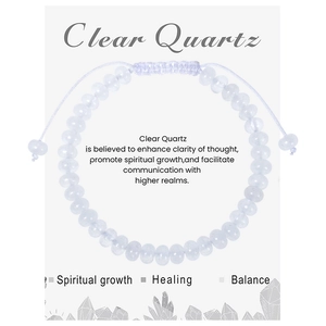 Close-up of Clear Quartz flat bead bracelet with adjustable cord and display card