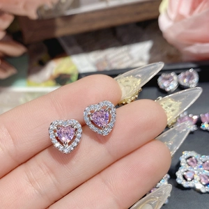 Pink heart gemstone stud earrings with bow and 18K gold plated zircon halo detail